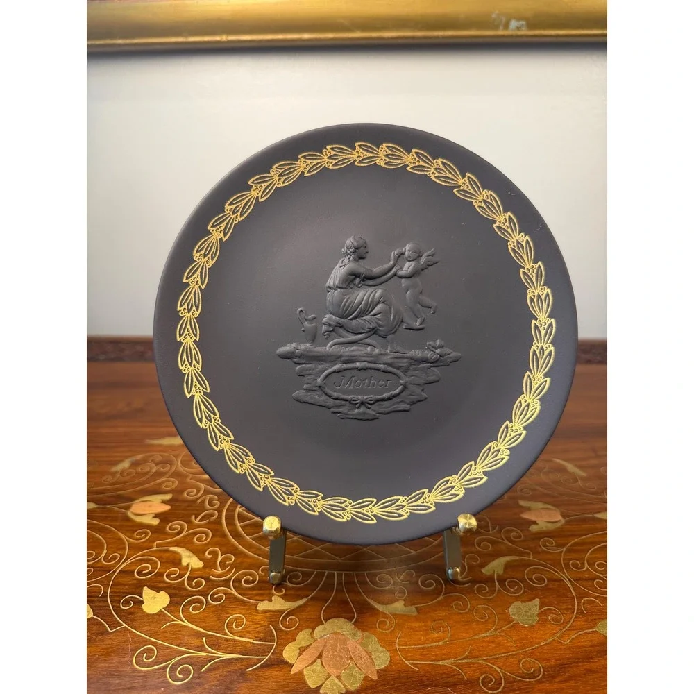 Vintage Wedgwood Mother Plate • Black Basalt Jasperware Gold Relief